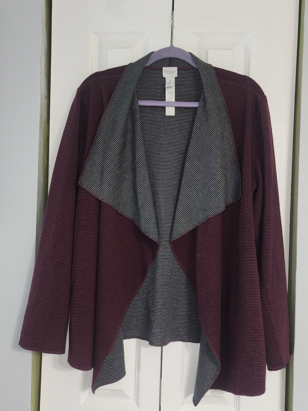 Chico's Plum Open-Front Draped Cardigan with Gray Trim